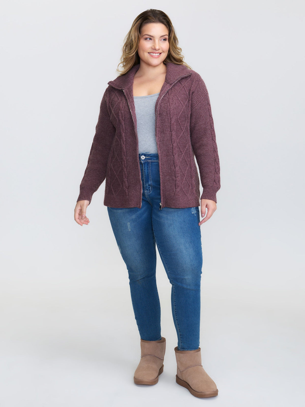 Textured Zipper Solid Knit Cardigan
