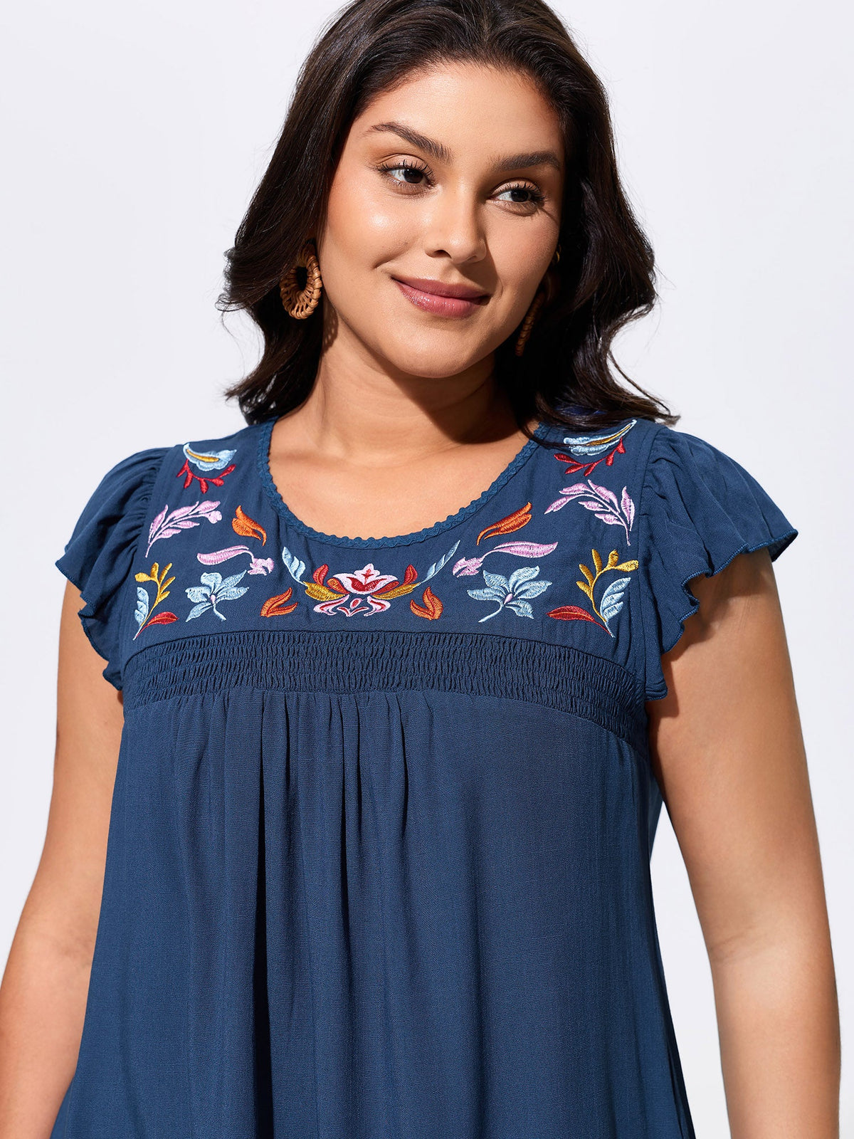 Cotton Floral Embroidered Shirred Flowy Blouse