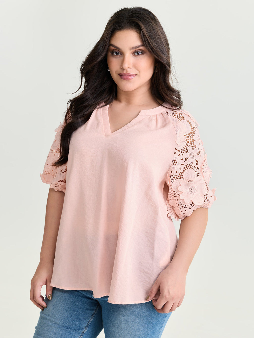 3D Floral Sleeve Spliced Flowy Blouse