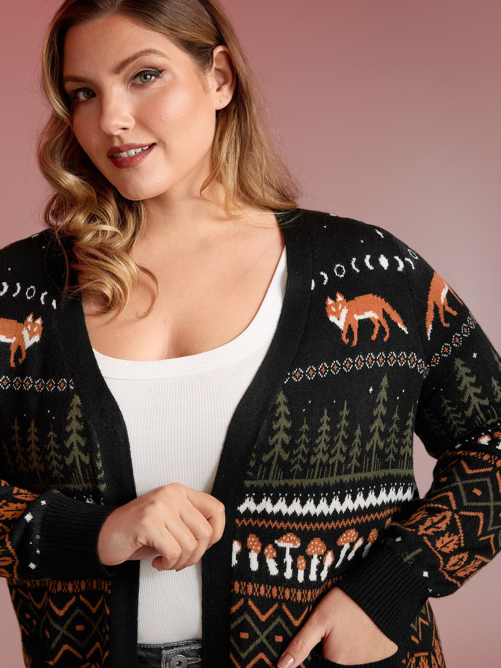 Fox in Forest Contrast Knit Cardigan