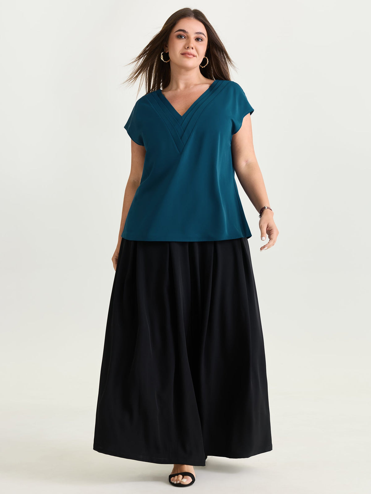 Pleated V-Neckline Dolman Sleeve Blouse