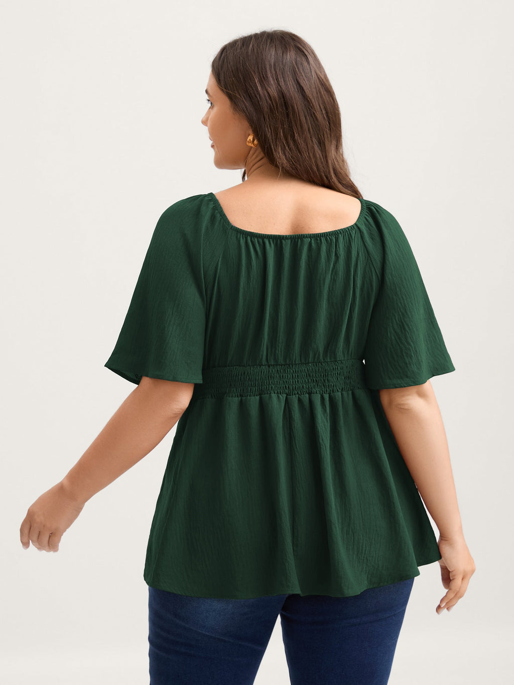 Stretchy Neckline Waist-Cinched Solid Blouse