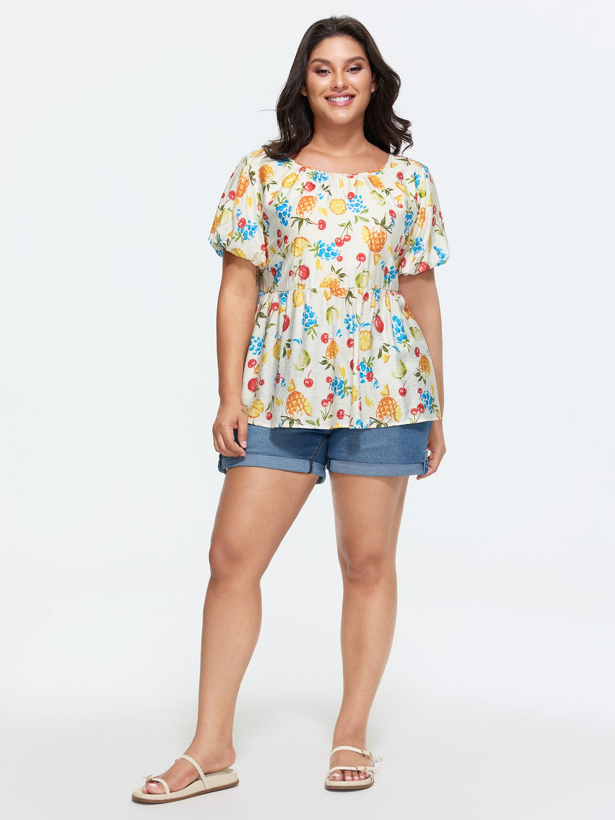 Fruit Print Bowknot Pleated Neckline Blouse