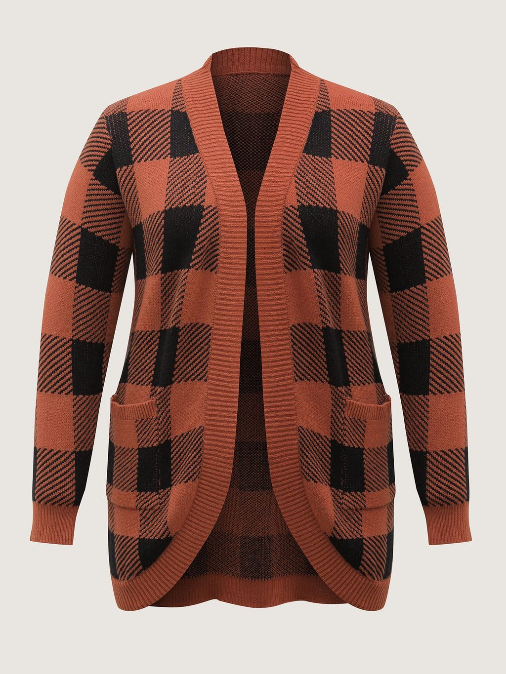 Supersoft Check Pattern Curvy Hem Pockets Cardigan