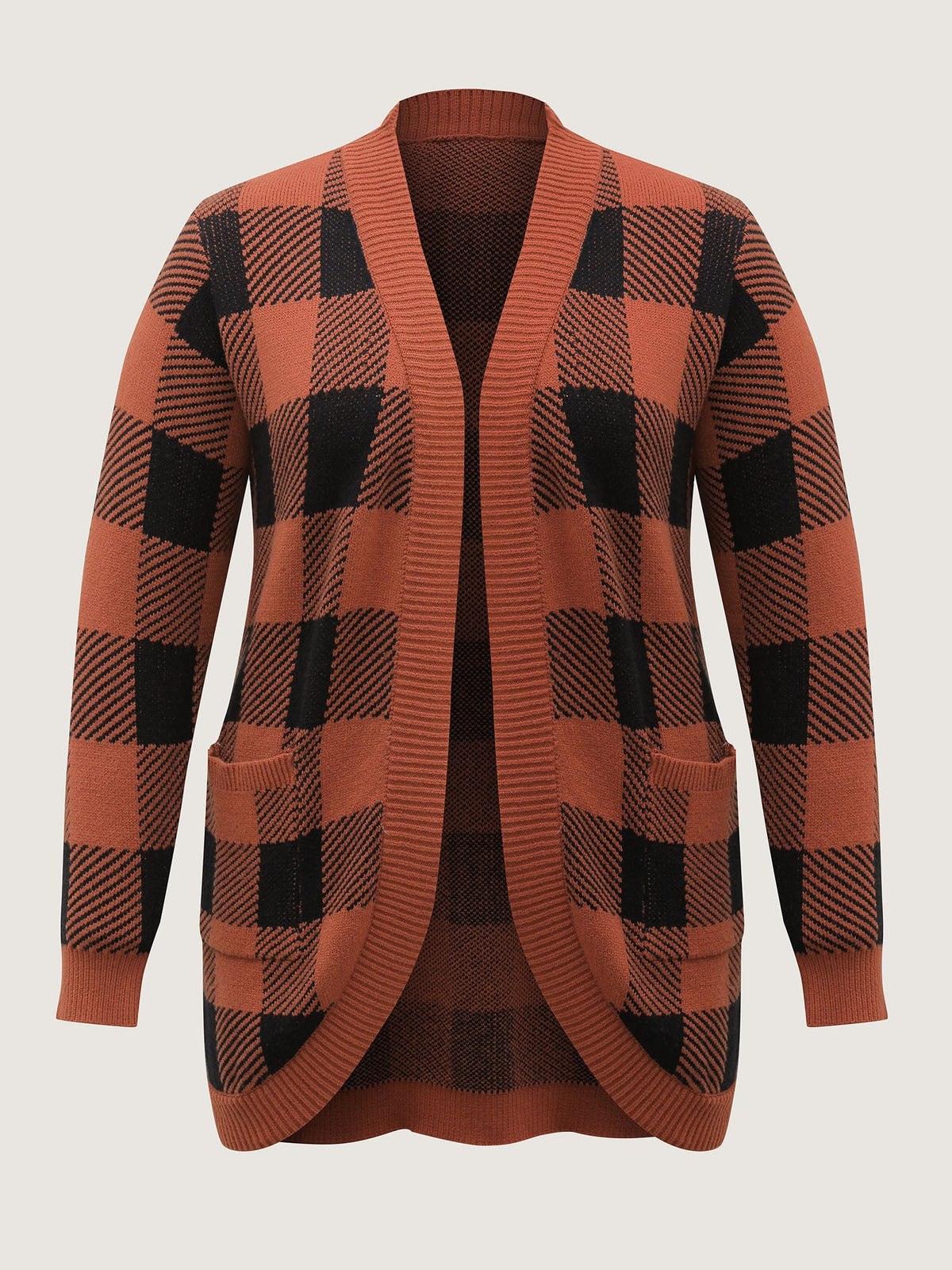 Supersoft Check Pattern Curvy Hem Pockets Cardigan