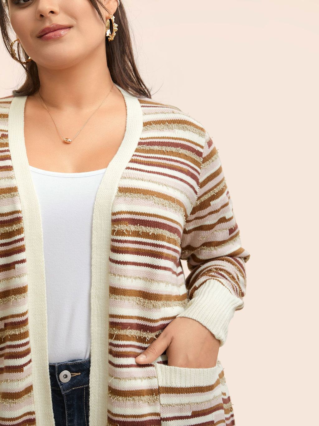 Striped Kimono Collar Pocket Cardigan