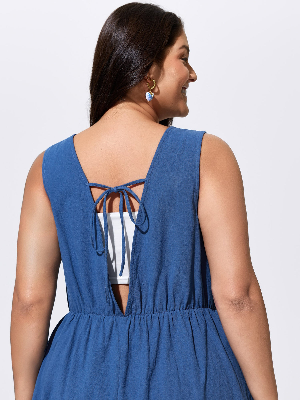 Cotton Pleated Open Back-Ties Plain Romper