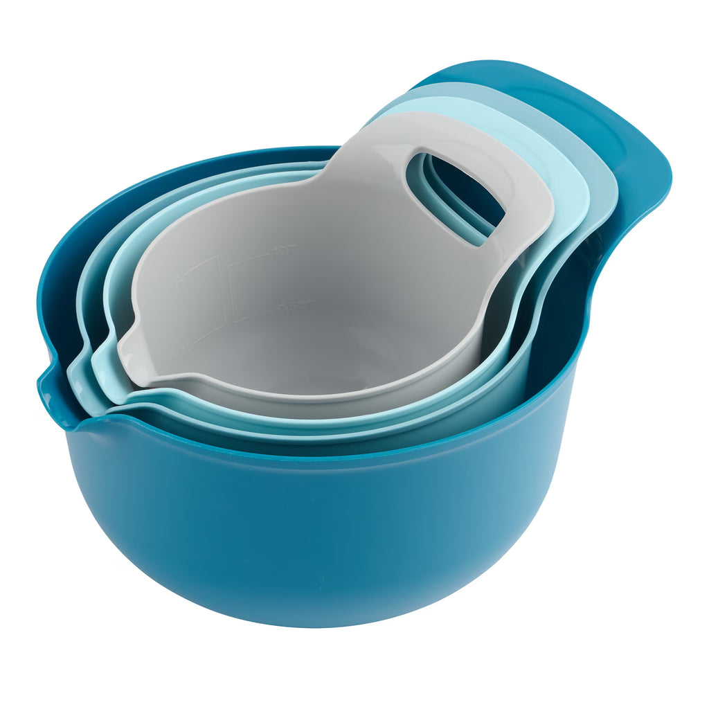 4-Piece Nesting Plastic Mixing Bowl Set with Pour Spouts & Ergonomic Handles, Stackable Baking Bowls for Kitchen Prep, Mixing & Serving