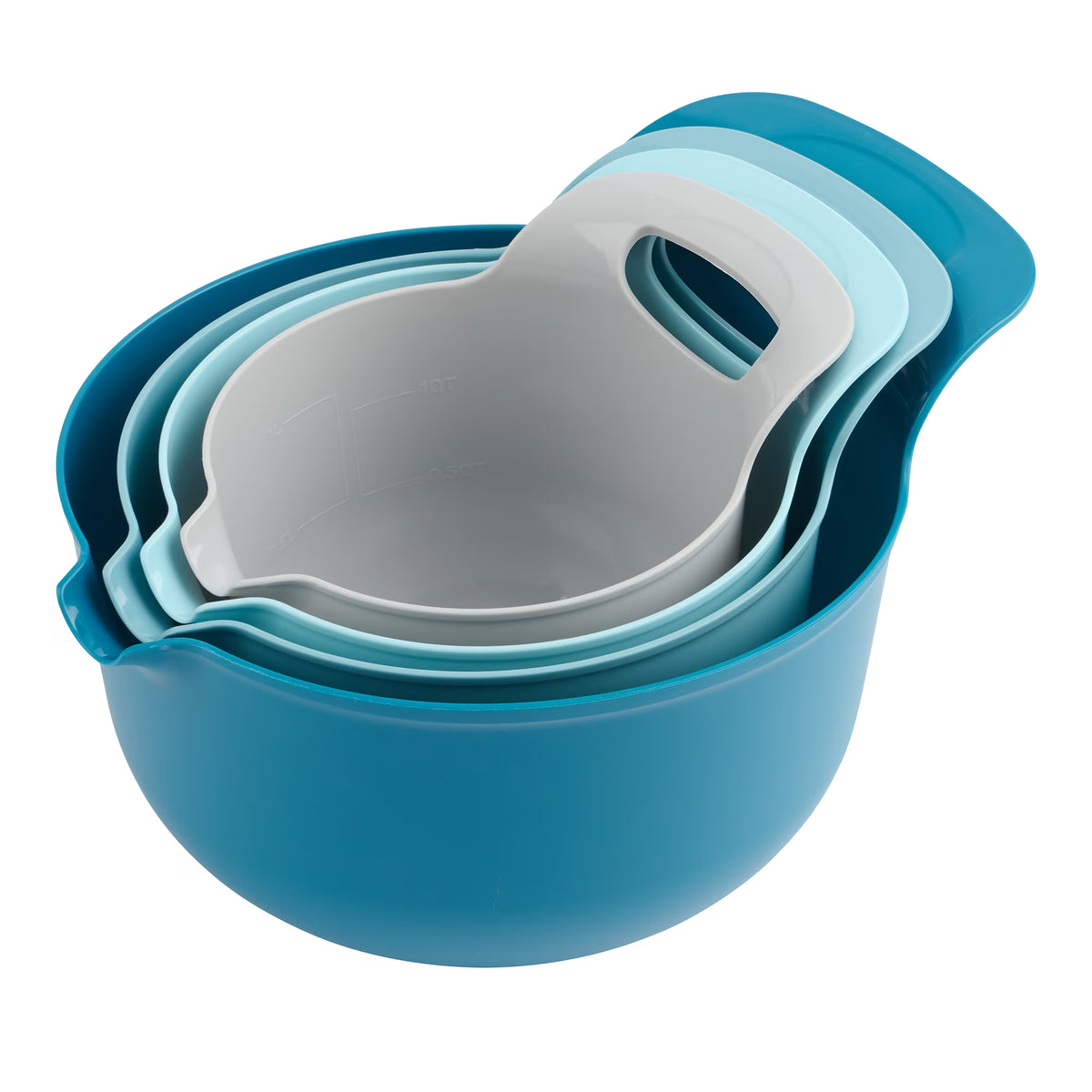 4-Piece Nesting Plastic Mixing Bowl Set with Pour Spouts & Ergonomic Handles, Stackable Baking Bowls for Kitchen Prep, Mixing & Serving