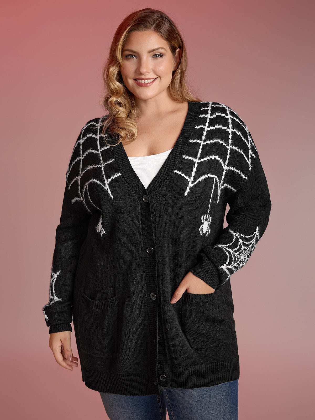 Spiderweb Jacquard Pockets Button Knit Cardigan