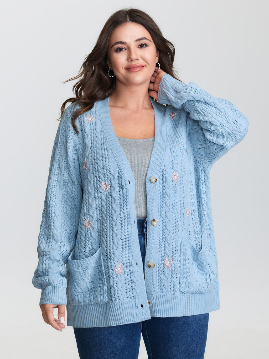 Braided Texture Floral Embroidery Knit Cardigan