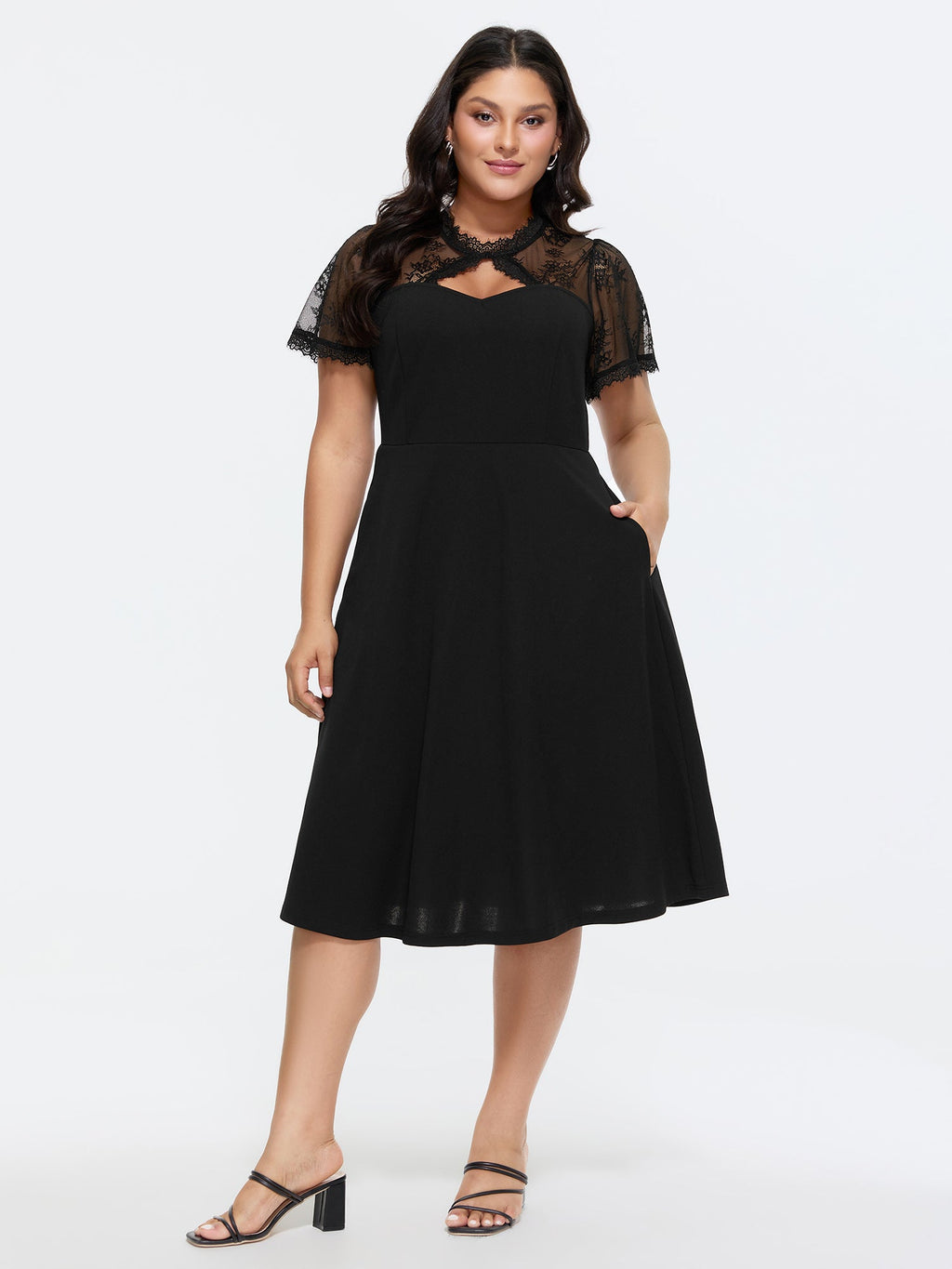 Sheer Lace Neckline Sweetheart Midi Dress