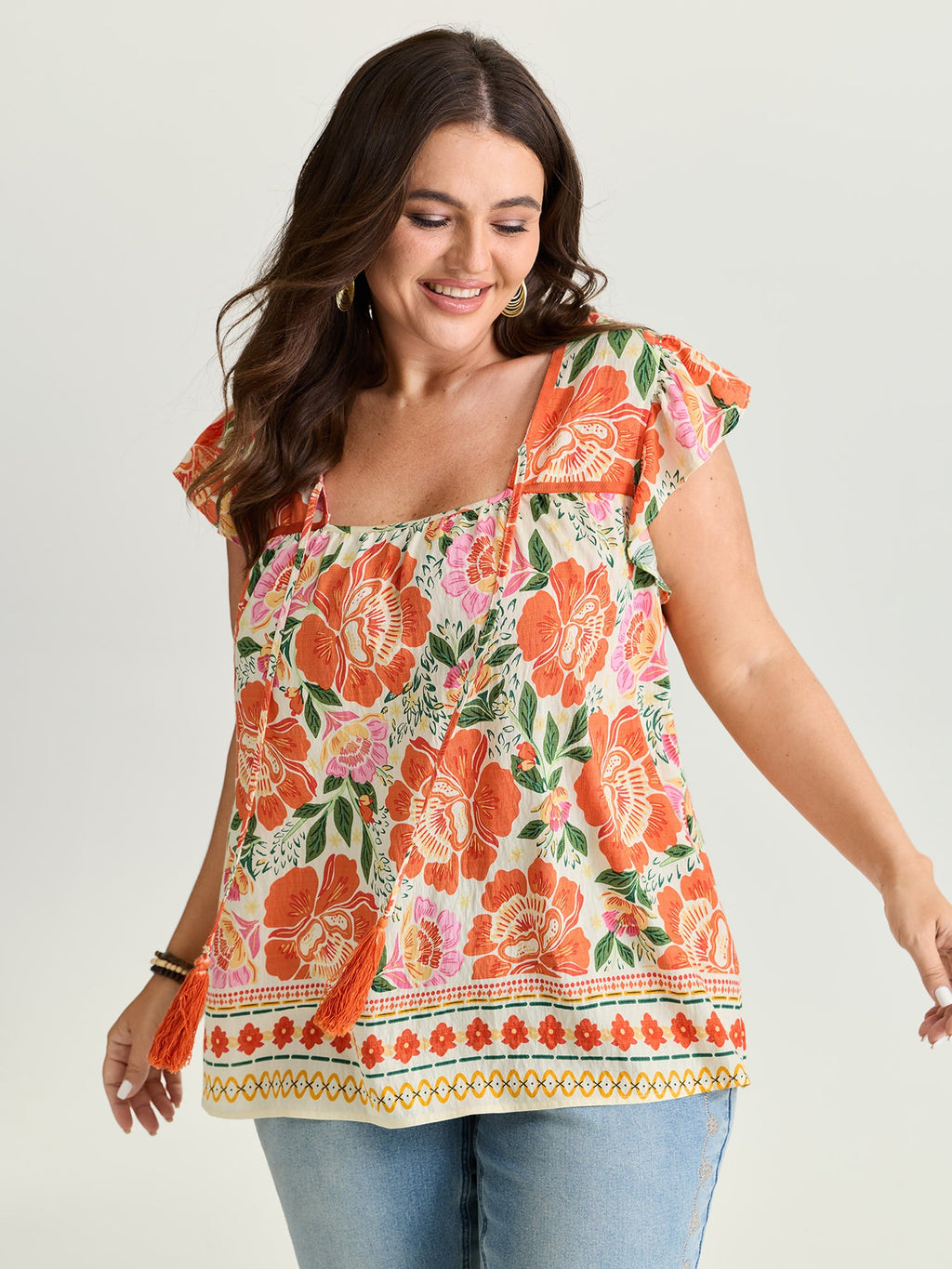 Vibrant Floral Print Flutter Sleeve Blouse