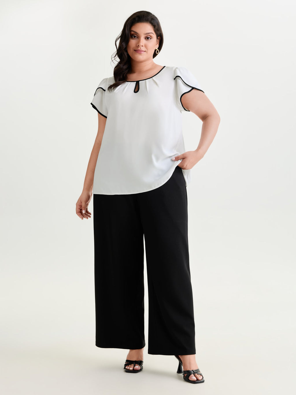 Petal Sleeve Color Contrast Plain Blouse