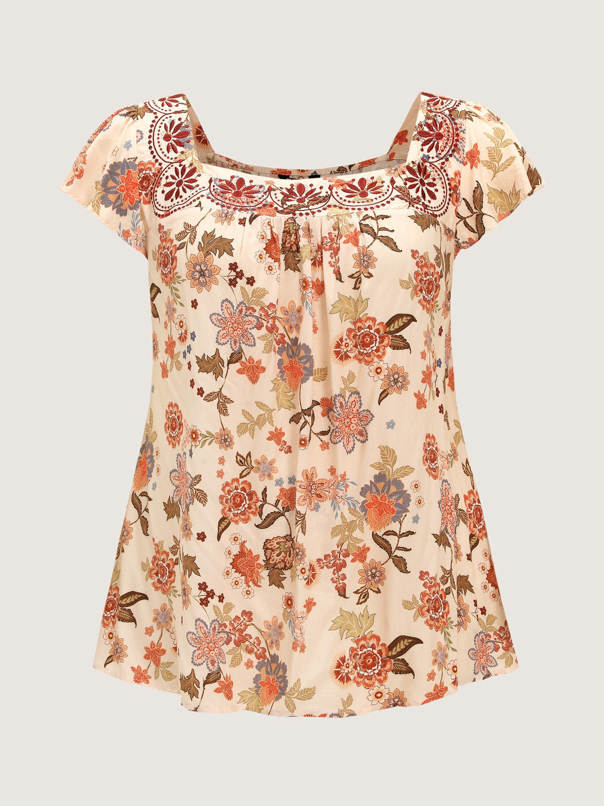 Floral Embroidered Square Neckline Flowy Blouse