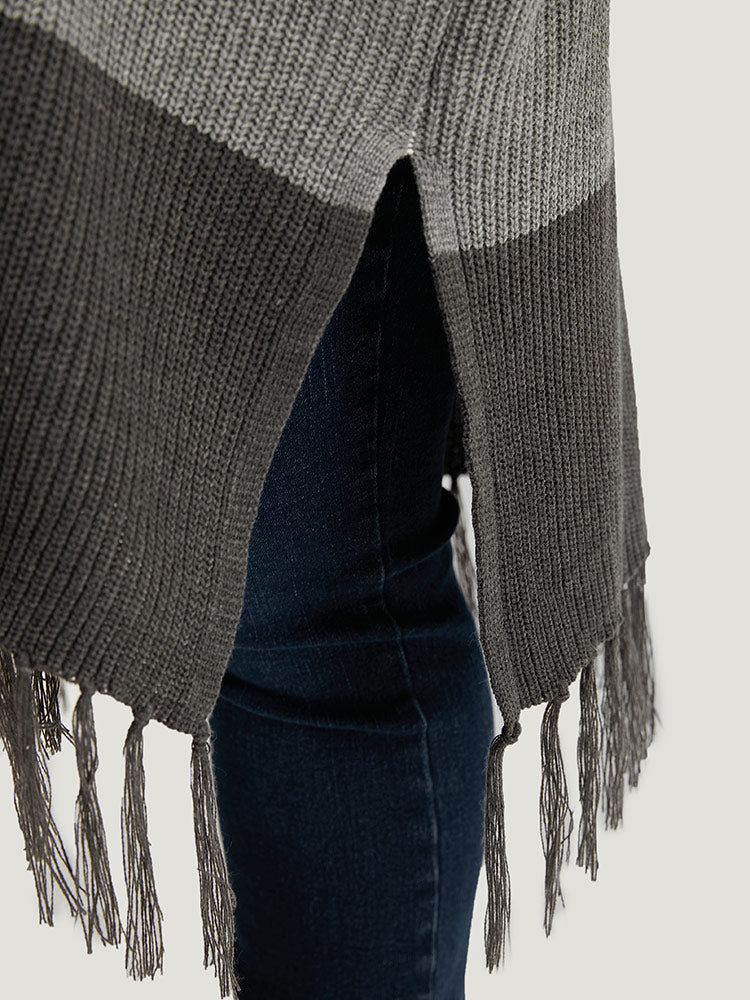 Colorblock Fringe Trim Batwing Sleeve Split Side Cardigan