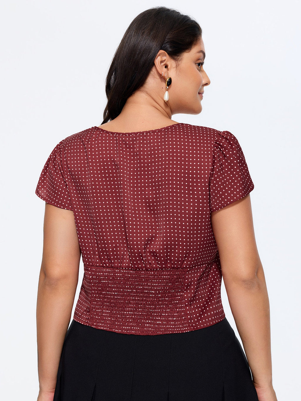 Satin Polka Dot Print Shirred Cropped Blouse