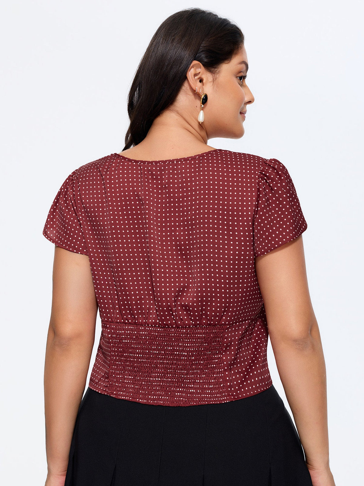 Satin Polka Dot Print Shirred Cropped Blouse