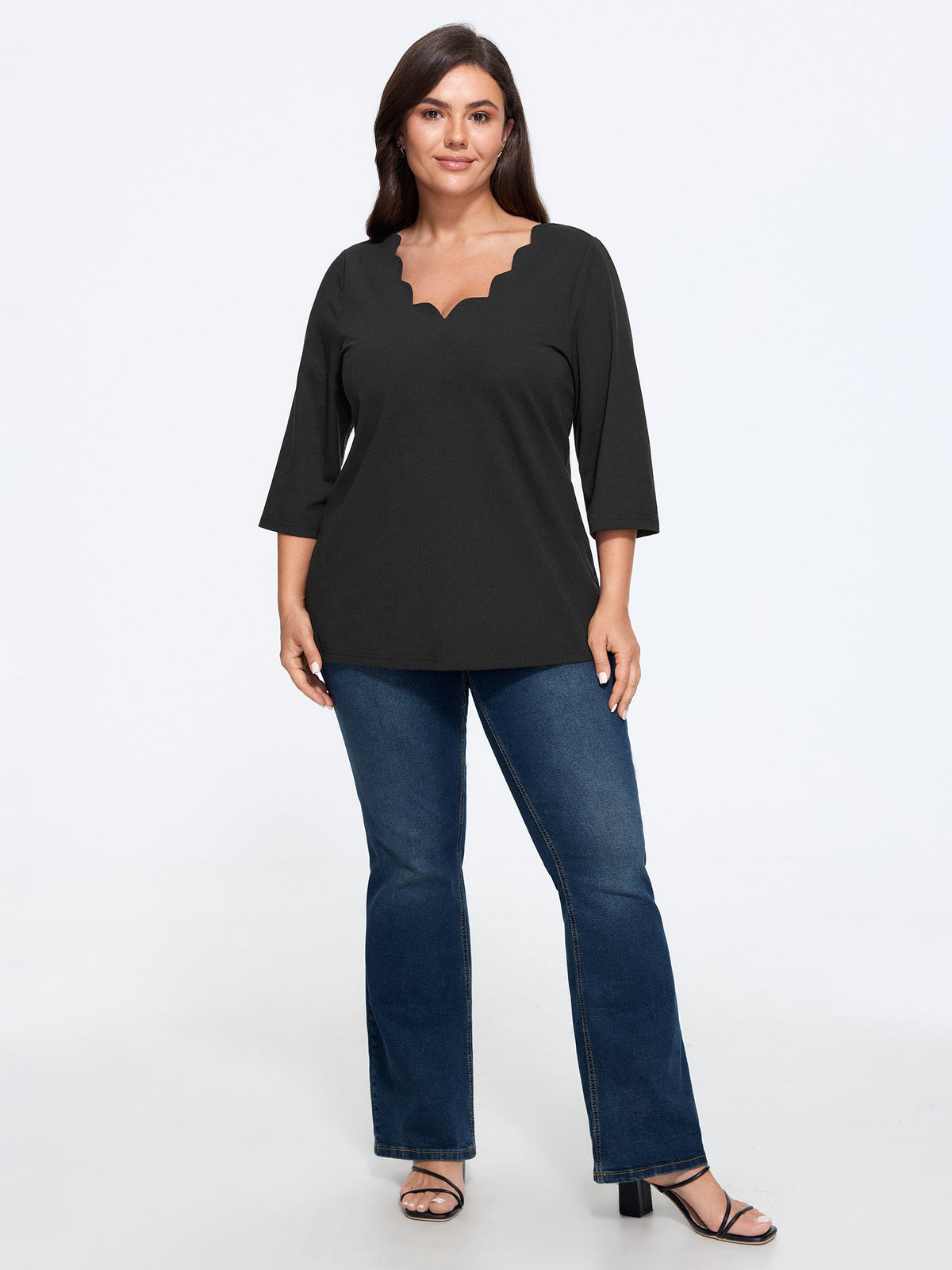 Cotton Wave V Neck Three Quarter Sleeve Knit T-Shirt