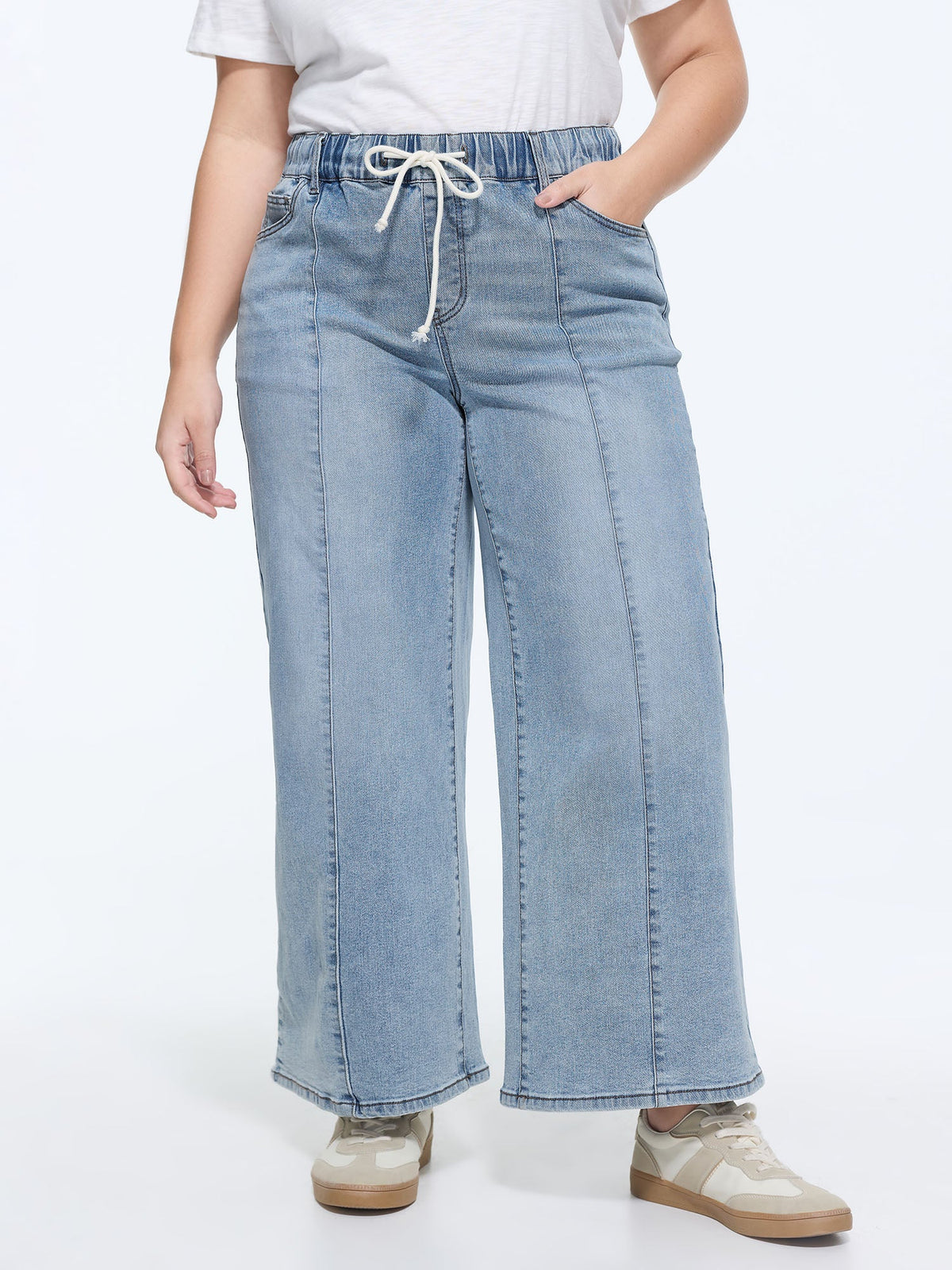 Stretchy Elastic Waistband Seamed Jeans