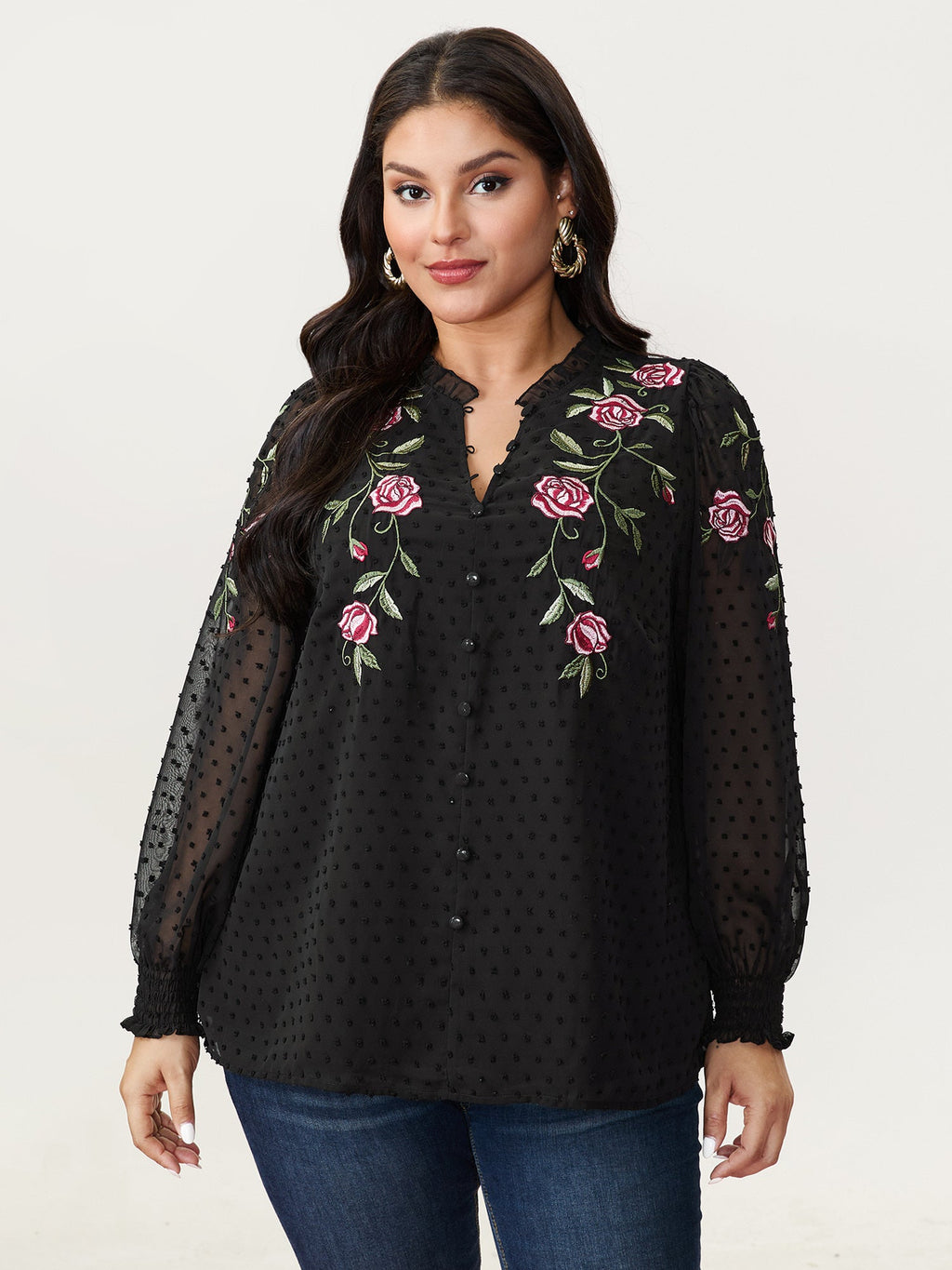 Rose Embroidered Textured Sheer Blouse