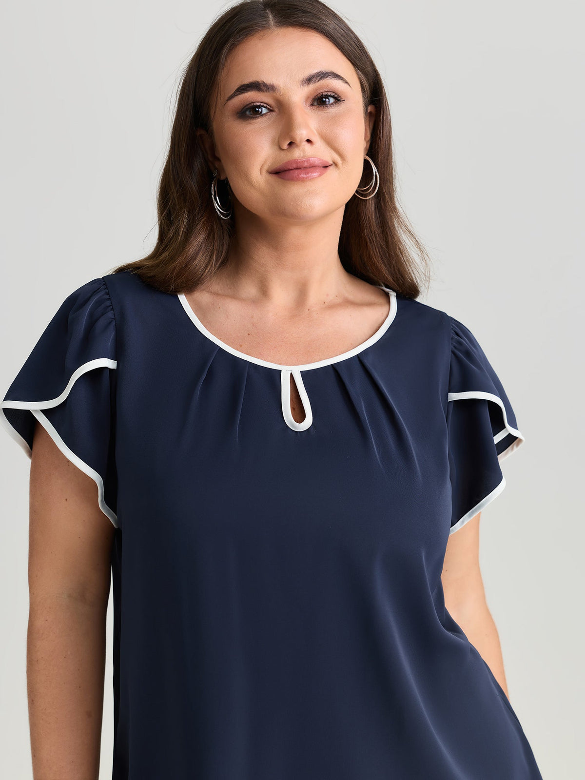 Petal Sleeve Color Contrast Plain Blouse