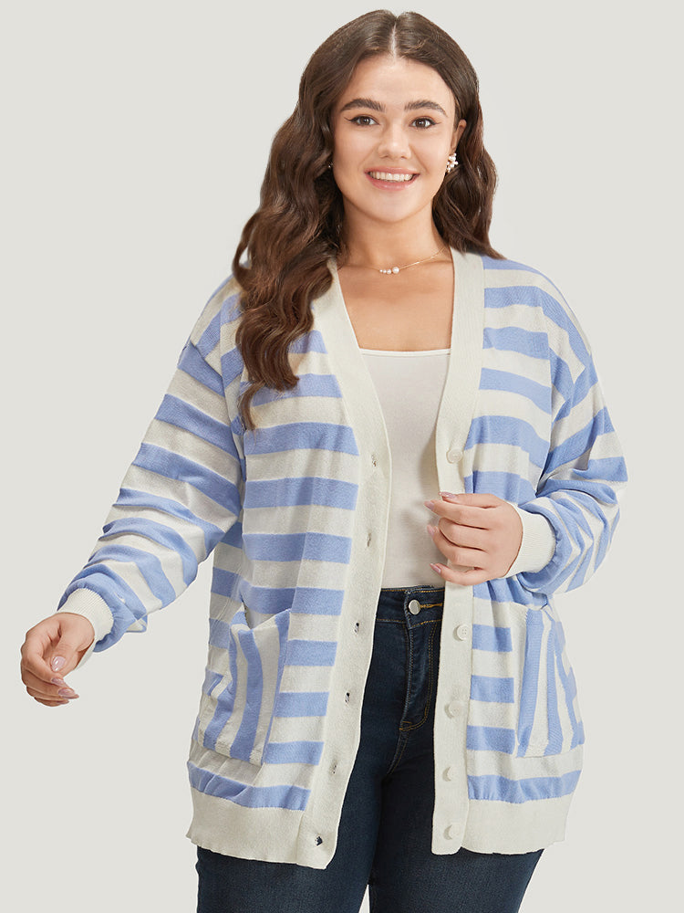 Striped Button Down Patched Pocket Cardigan
