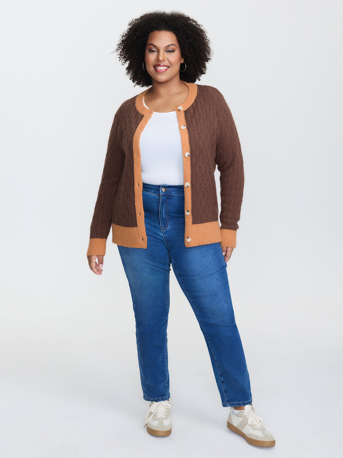 Braided Color Contrast Button Knit Cardigan