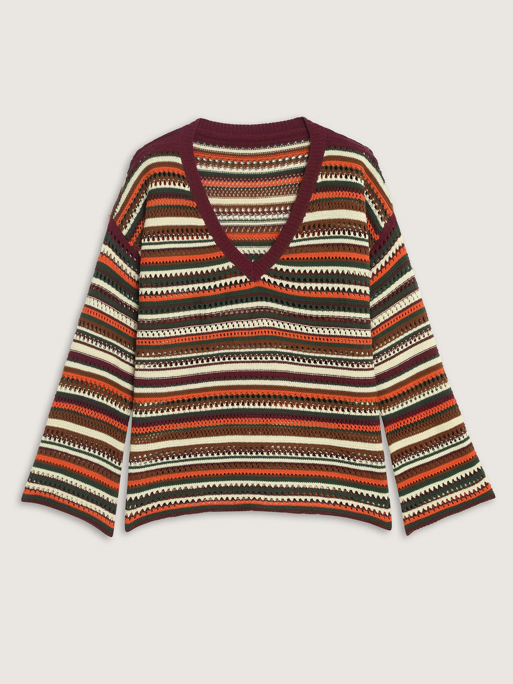 Multi-Color Stripe Hollow V-Neck Pullover