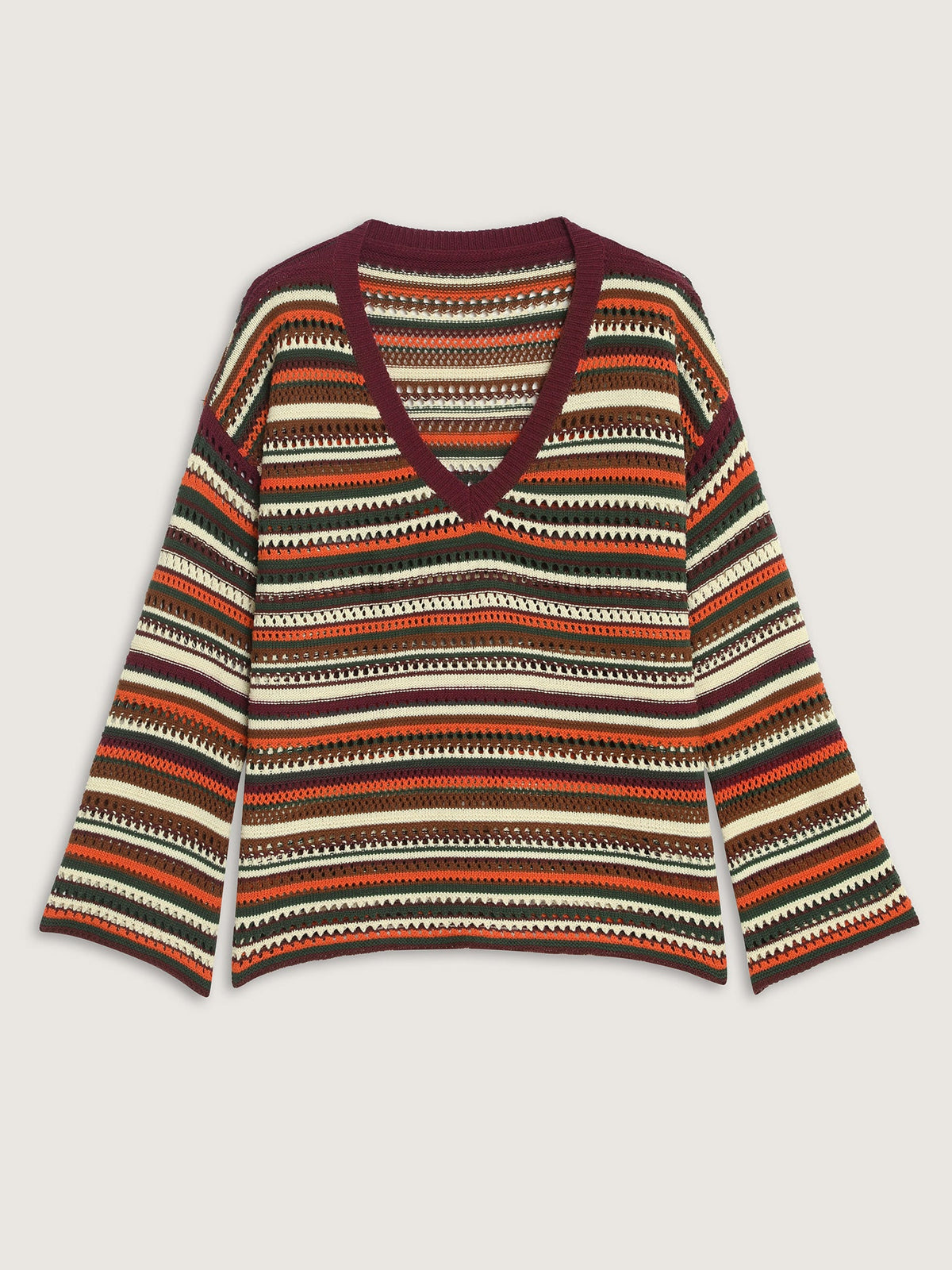 Multi-Color Stripe Hollow V-Neck Pullover