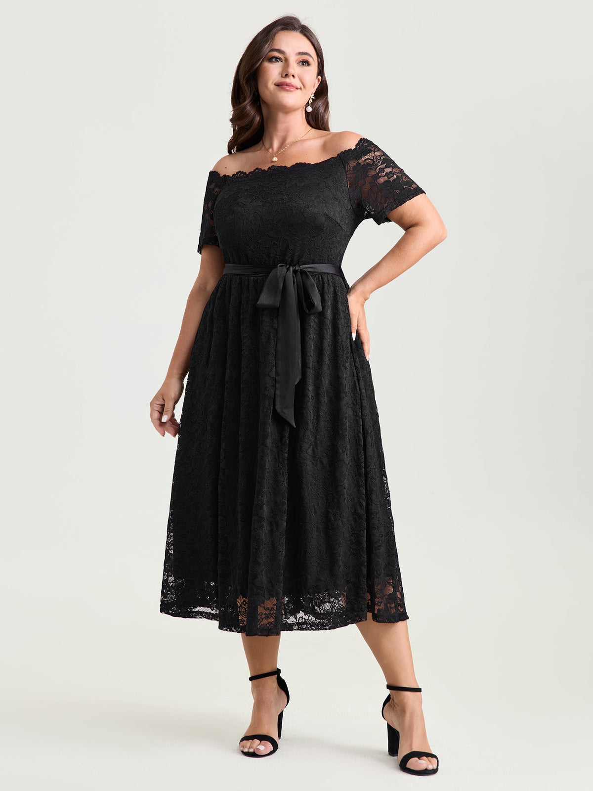 Sensational Lace Stretchy Waist Tie Midi Dress