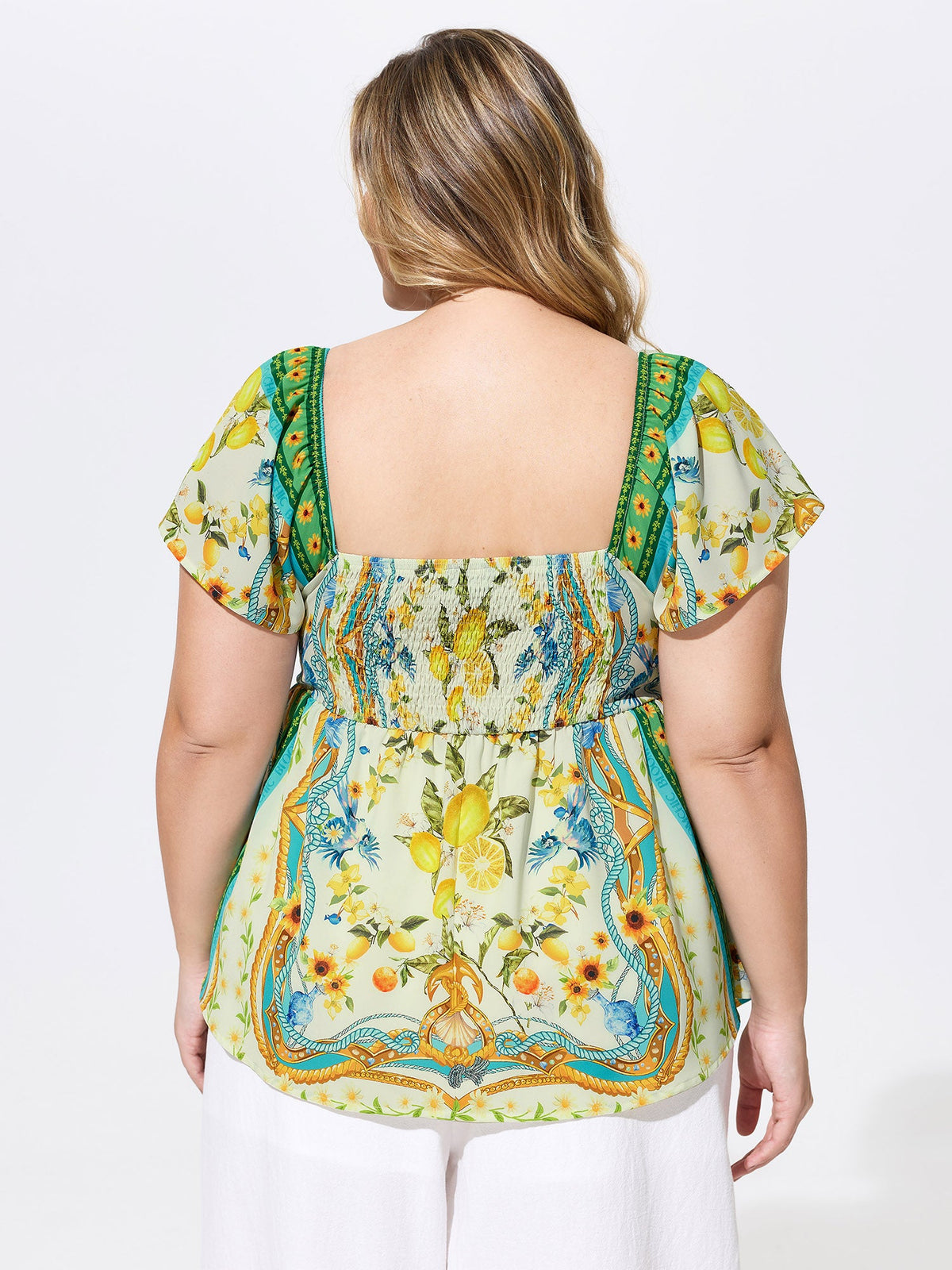 Lemon Print Color Contrast Knotted Front Top
