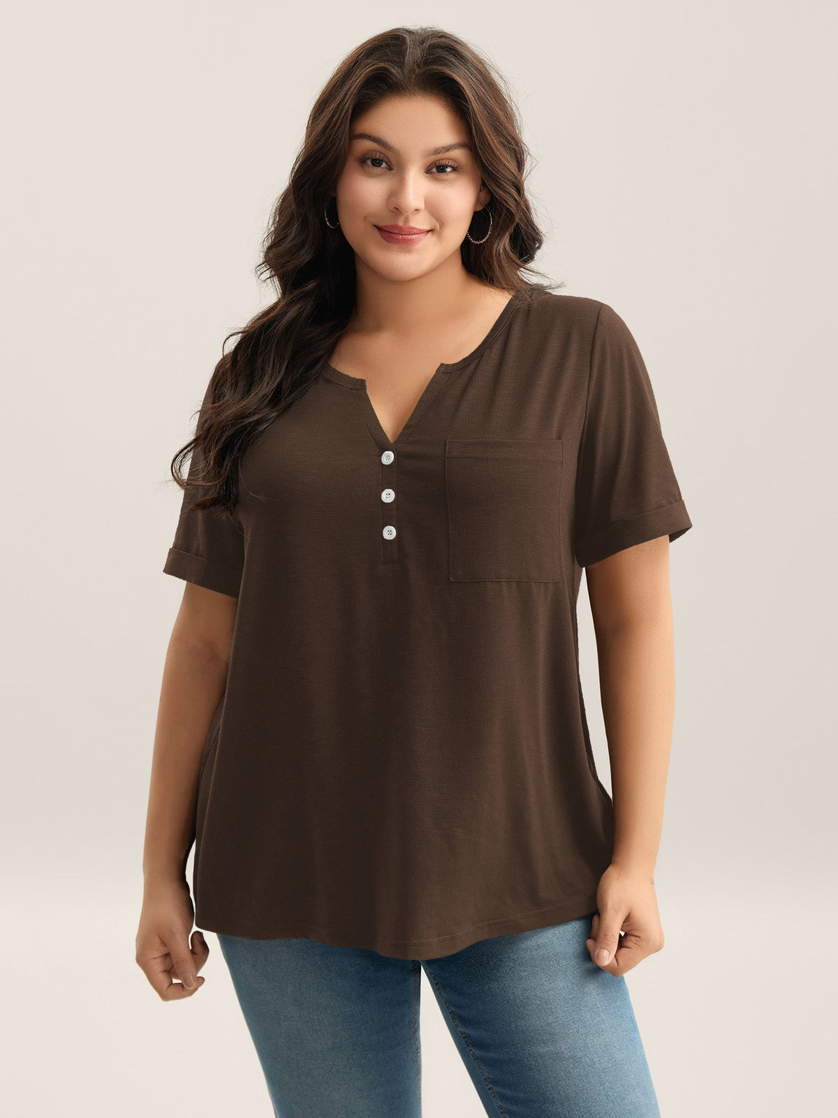 Solid Split Neck Button Detail T-Shirt