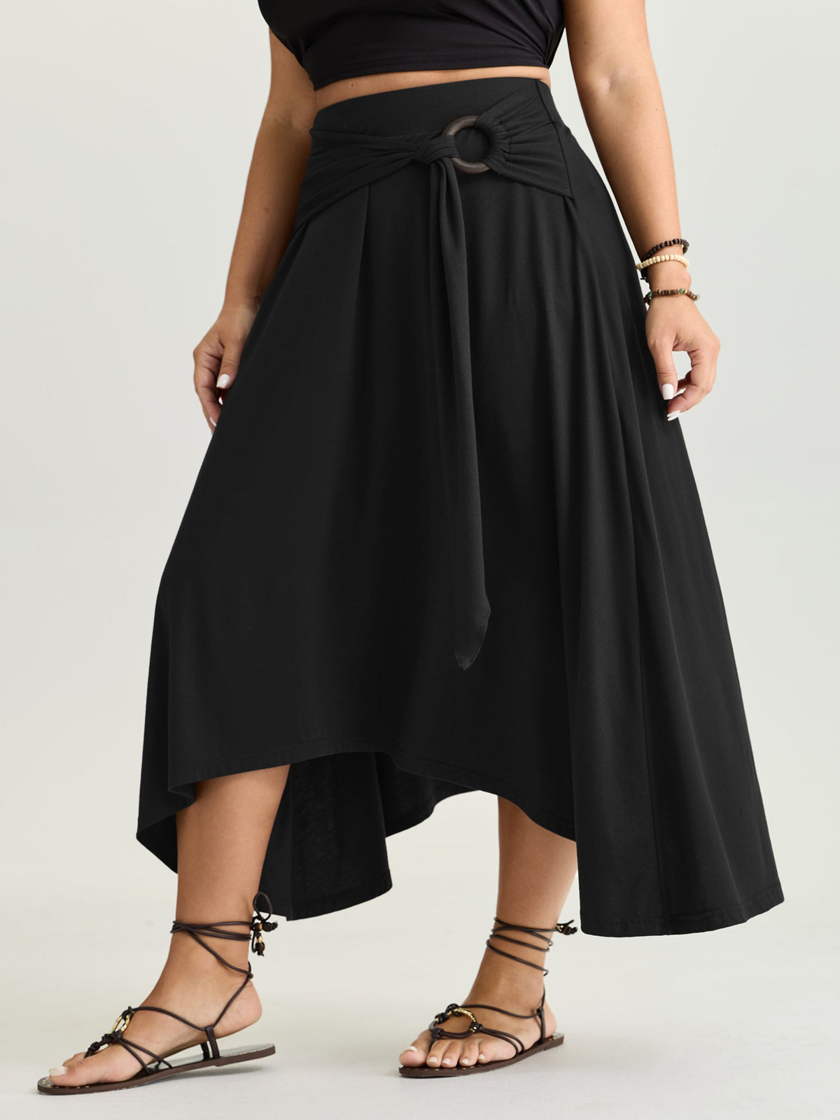 Supersoft Ring Detail Tie Asymmetrical Hem Midi Skirt