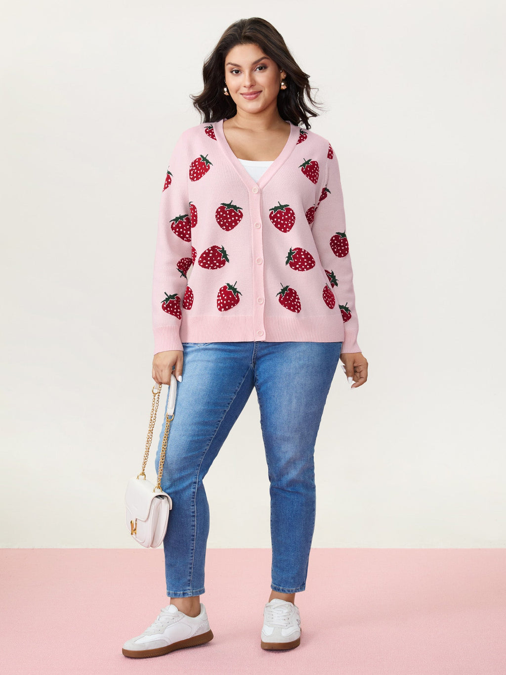 Strawberry Pattern Button-Front Knit Cardigan