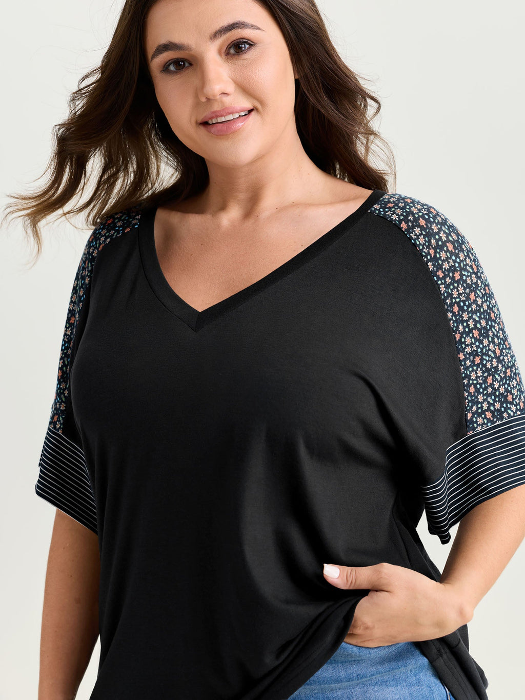 Supersoft Color Contrast Sleeve V-Neck T-Shirt