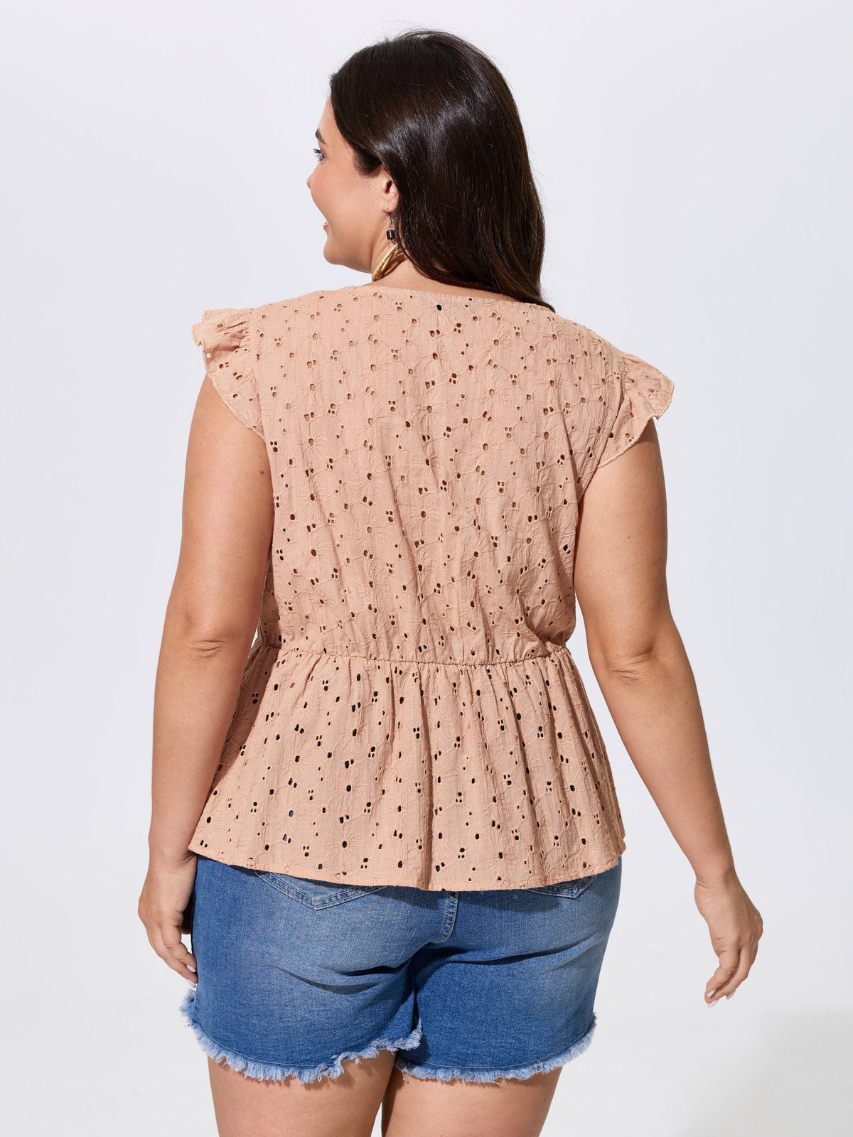 Cotton Eyelet Trim Flutter Sleeve Blouse
