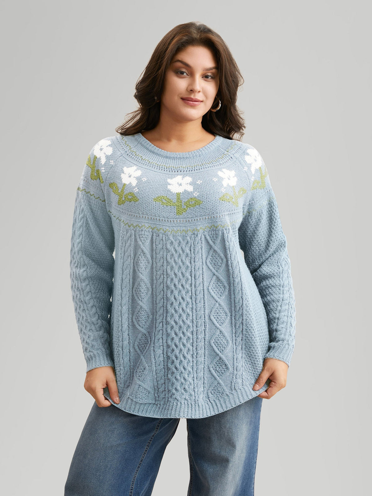 Floral Jacquard Raglan Sleeve Pullover