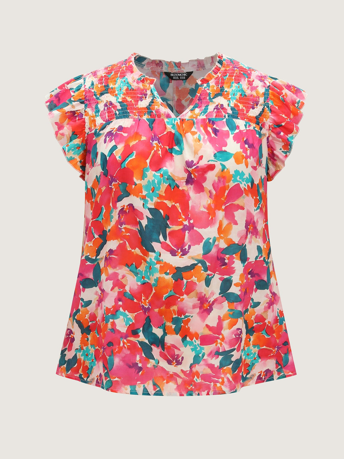 Cotton Vibrant Floral Print Flutter Sleeve Blouse