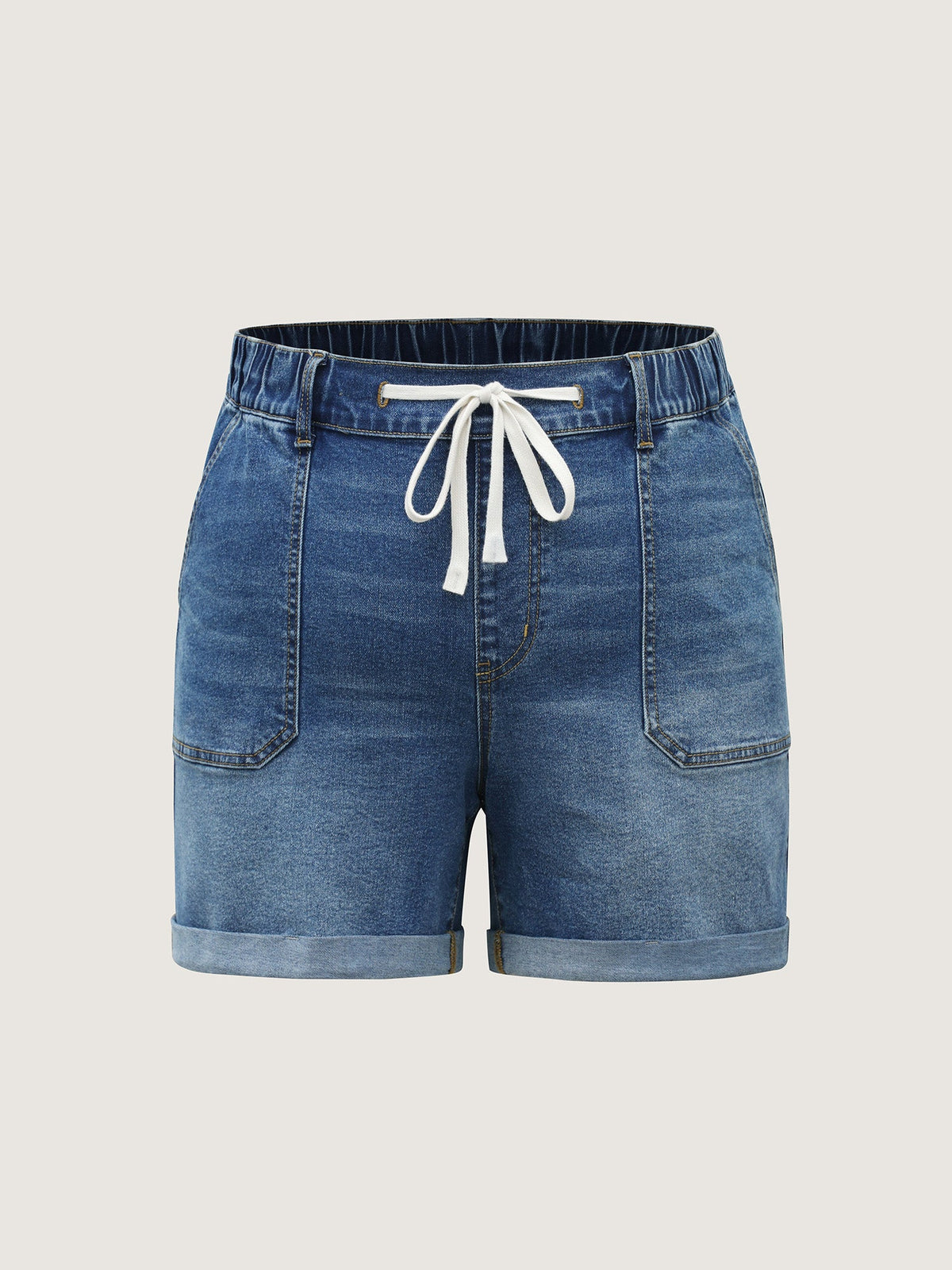 Pull-On Folded Hem High-Rise Denim Shorts