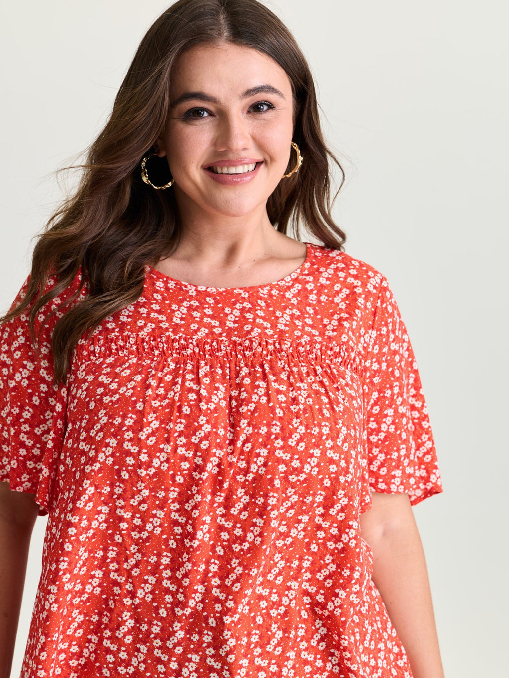 Floral Ruffle Sleeve Gathered Round Neck Blouse