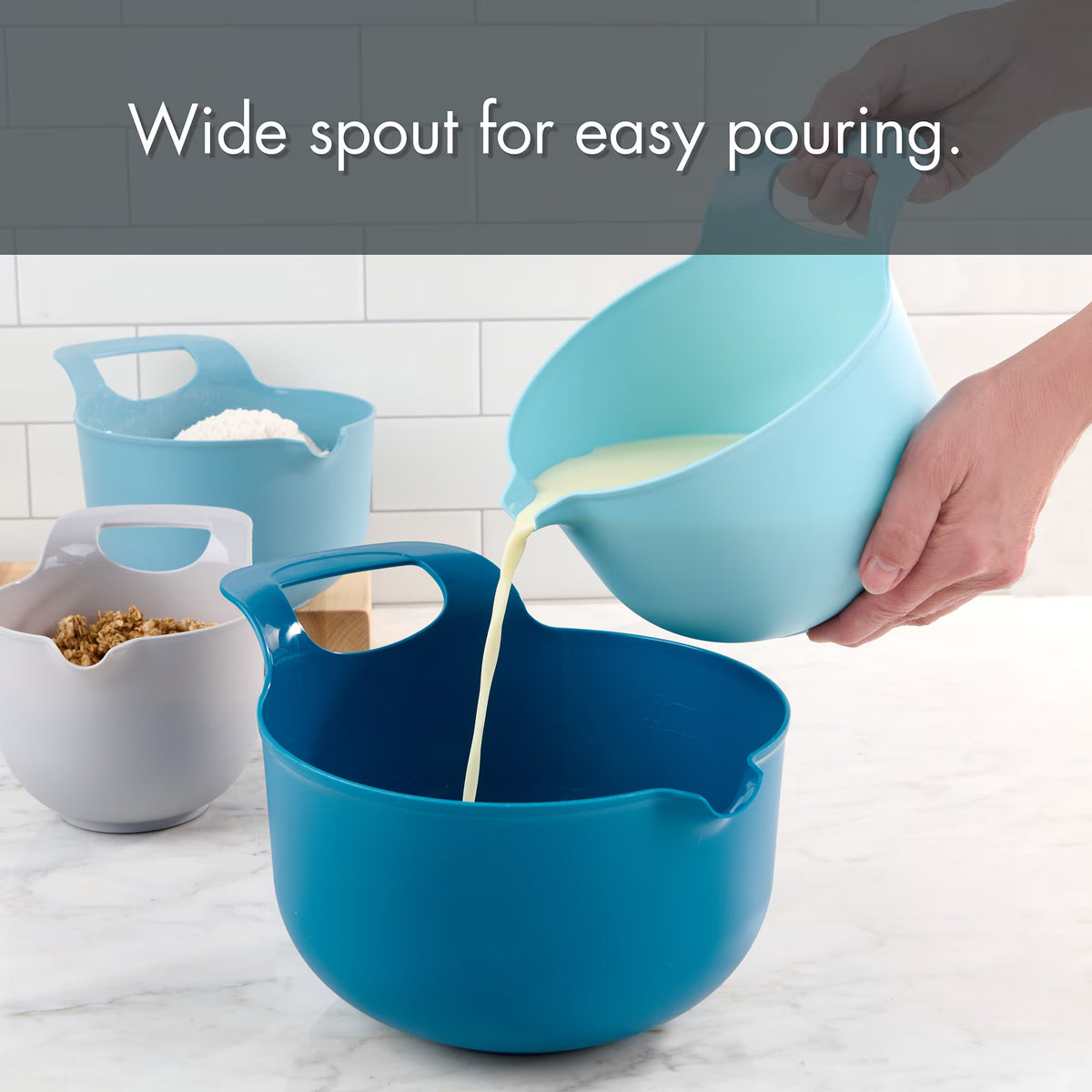 4-Piece Nesting Plastic Mixing Bowl Set with Pour Spouts & Ergonomic Handles, Stackable Baking Bowls for Kitchen Prep, Mixing & Serving