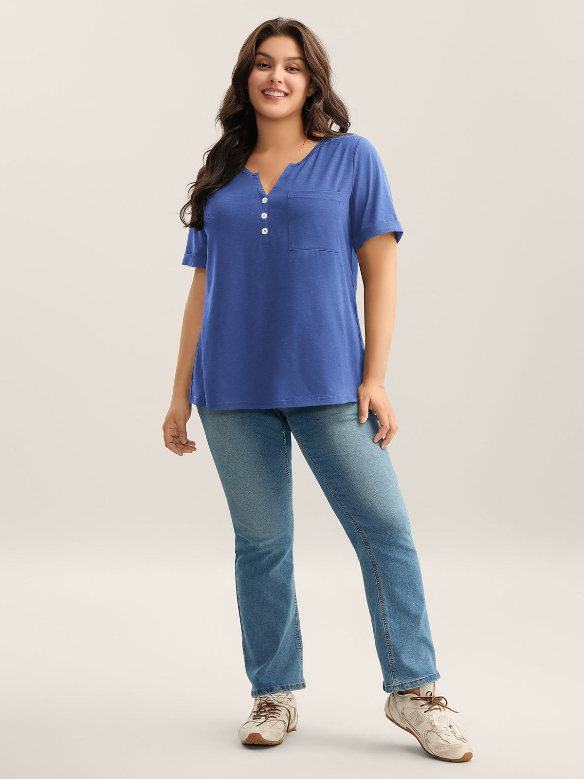 Solid Split Neck Button Detail T-Shirt