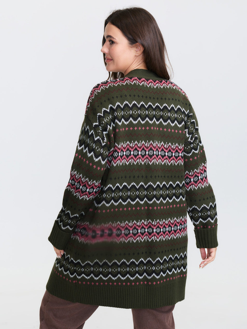 Geometric Pattern Pockets Open-Front Cardigan