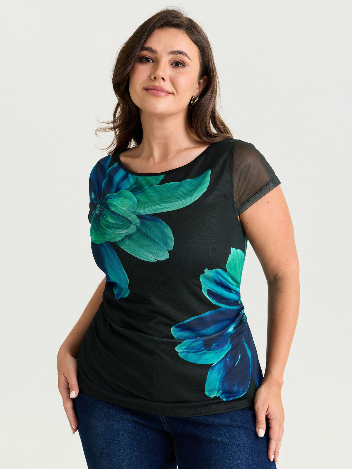 Floral Print Boat Neckline Fitted T-Shirt