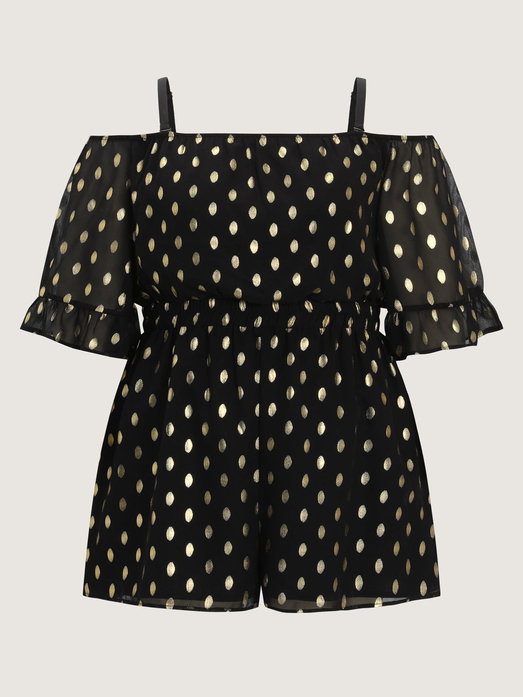 Gold Stamped Polka Dots Off-Shoulder Romper