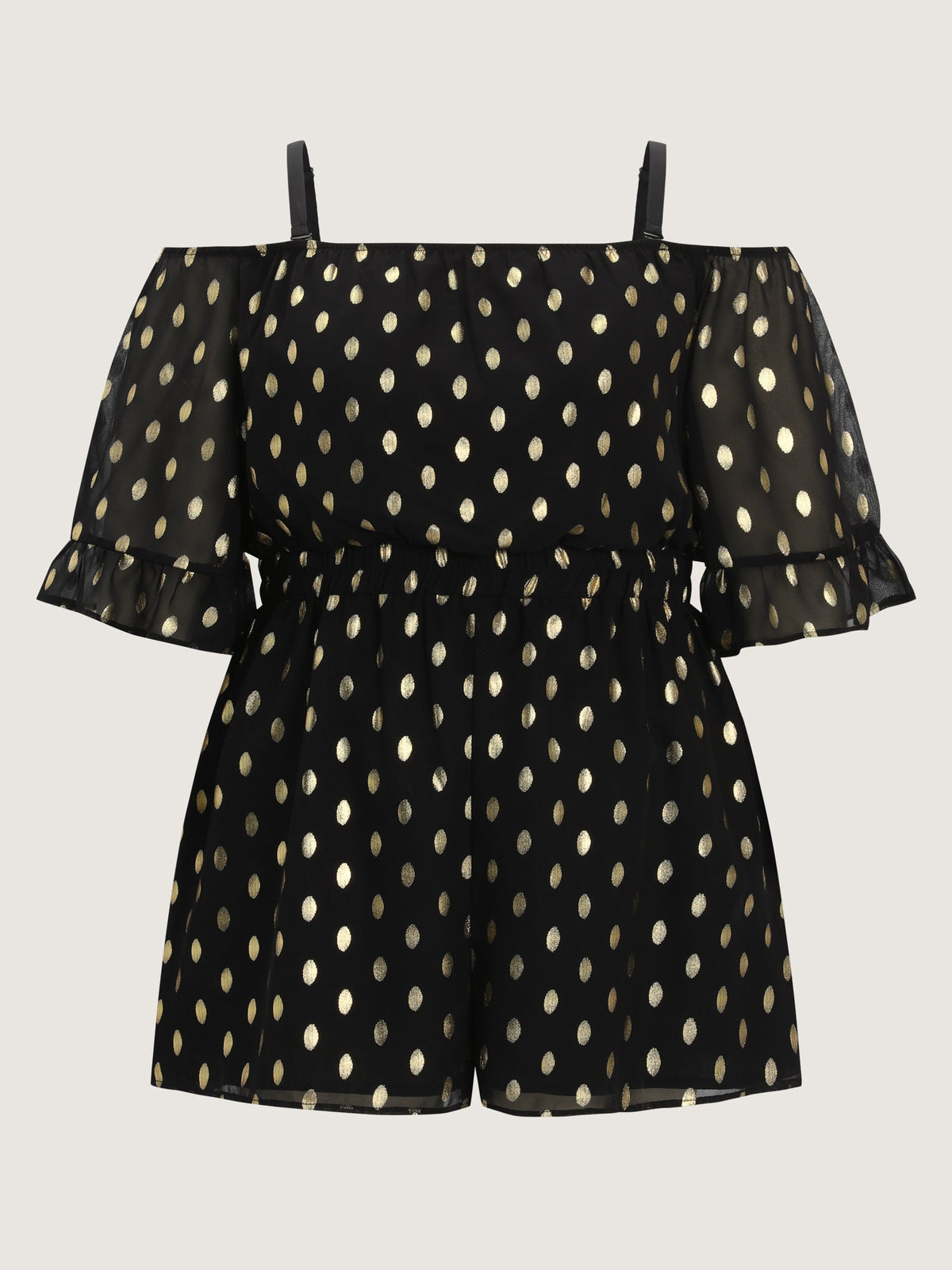 Gold Stamped Polka Dots Off-Shoulder Romper