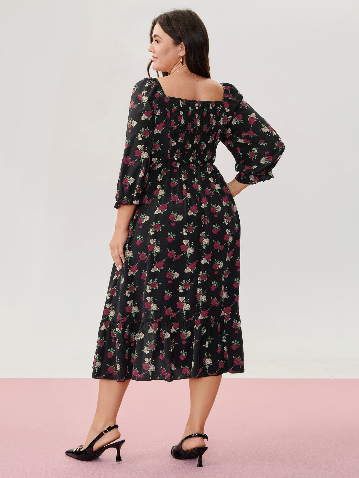 Colorful Rose Pattern Drawstring Neckline Midi Dress