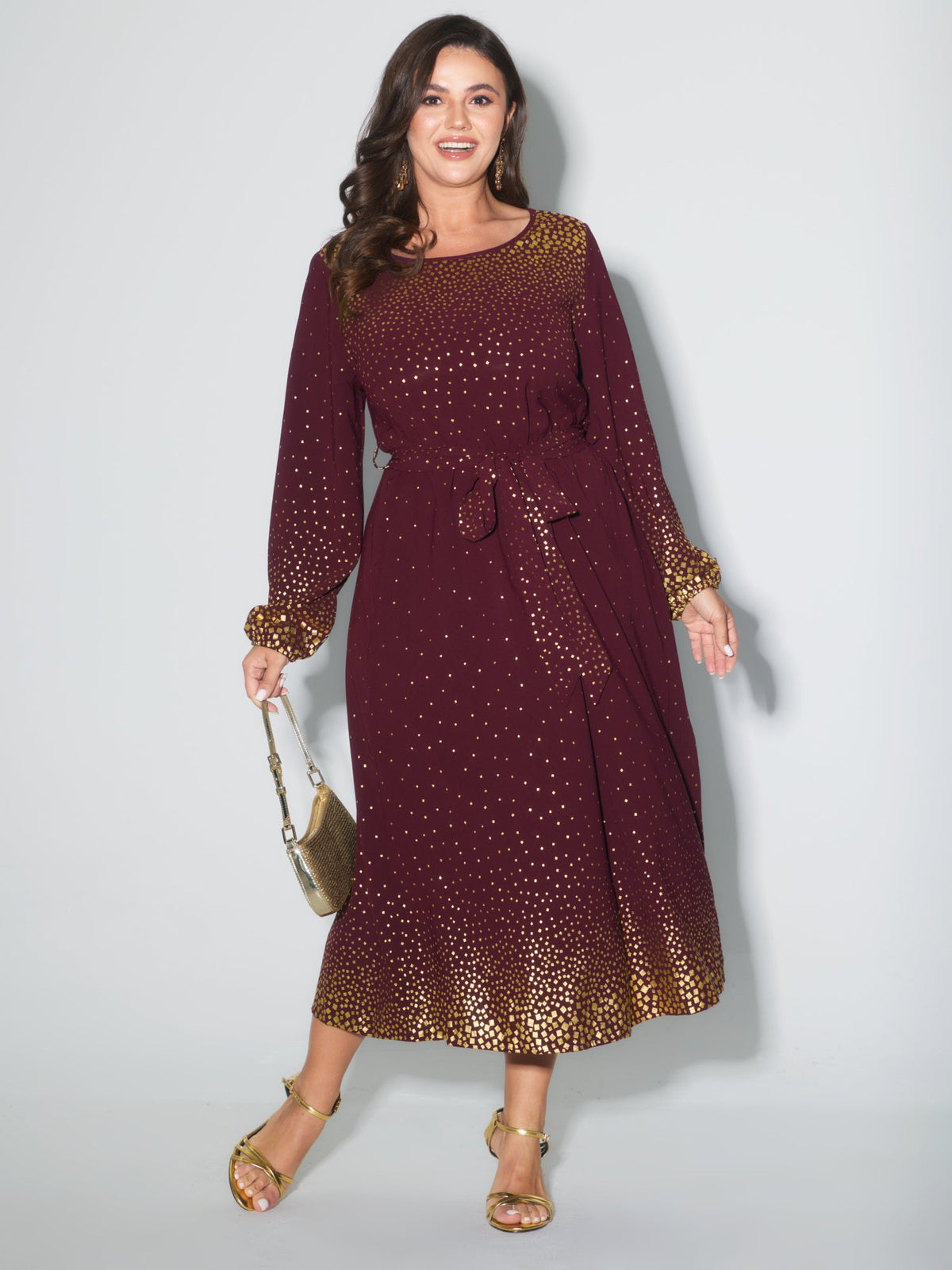 Glitter Round Neck Belted Lantern Sleeve Dress