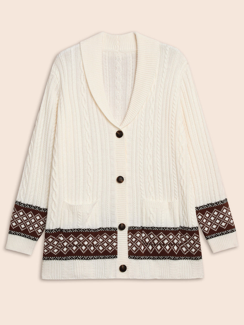 Cable Knit Pockets Collared Cardigan